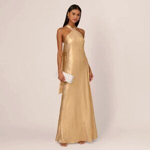 ADRIANNA PAPELL Foiled Mermaid Gown With Halter Neckline In Light Gold